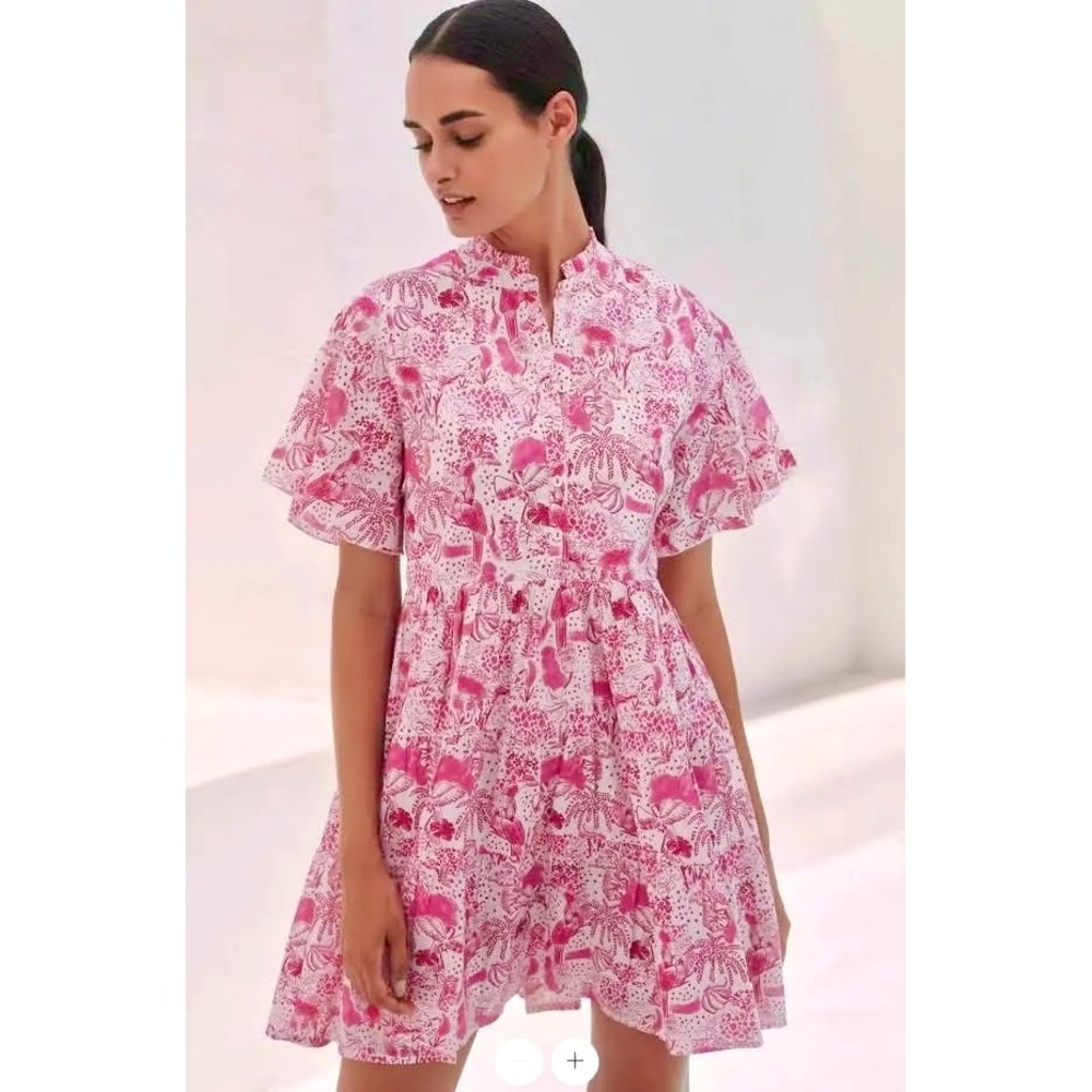 NWT Anthropologie Ro's Garden Vibeka Short Tiered Dress L Pink Safari AOP $195